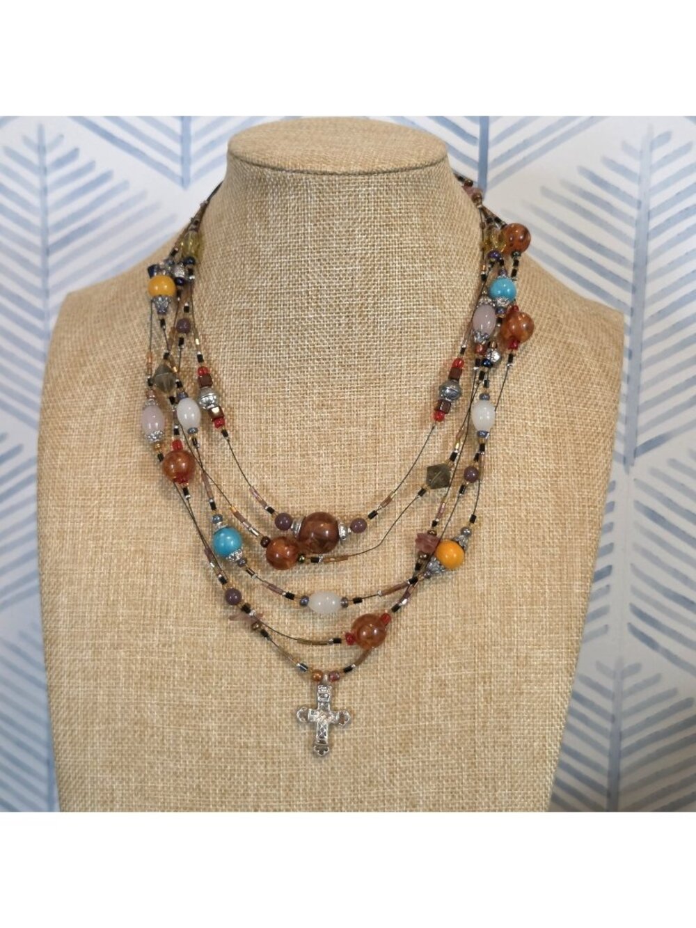 Calypso Studios Colorful Glass Beaded Multi-strand Necklace Cross Pendant